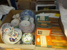 A box of assorted china wares to include a stoneware comport with painted decoration in the manner