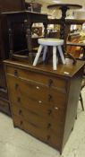 An oak chest of five drawers, an oak wine table with barley twist column, a painted stool,