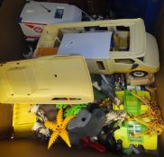 Three boxes of toys and games, to include a resin dragon, "Young Scientist", toy vehicles,