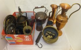 A Victorian copper kettle, two copper jugs, brass jardinier, sugar box, various small vases, jugs,