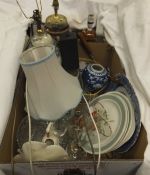 A box containing assorted china and glass ware to include fruit bowls,