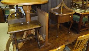 A circular pine breakfast table and two chairs, an oak stool, reproduction circular mahogany table,