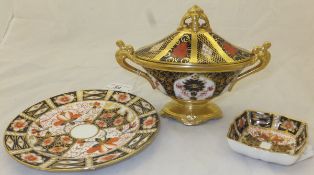 Three pieces of Royal Crown Derby to include an oval sucrier and cover,