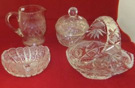 Six pieces of glassware to include cut glass basket and bowl, two jugs,