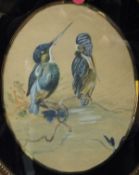 ENGLISH SCHOOL "Kingfishers on branch" and "Songbird with chicks", a pair of watercolours,