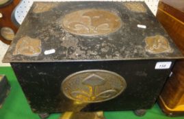 A black painted tin and beaten copper Art Nouveau style coal box, together with teapot, brass iron,