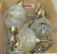 Four brassed bodied single branch wall lights with glass shades