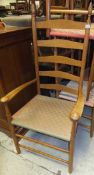 A set of six (5 plus 1) modern cherry wood ladder back chairs with fabric lattice work seats,