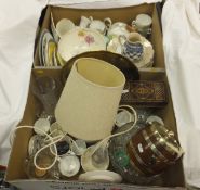 A box of assorted china wares to include decorative plates, tea wares, etc,
