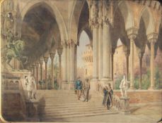 J W BELL "French 19th Century interior", watercolour, initialled lower right, together with