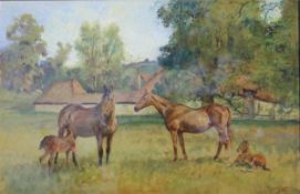 MICHAEL LYNE (1912-1989) "Mares with foals", watercolour study, signed lower right, inscribed verso,