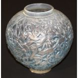 A Lalique "Gui" (Mistletoe) pattern vase with blue infill decoration, stamped to base "Lalique