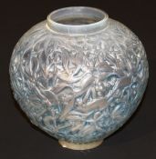 A Lalique "Gui" (Mistletoe) pattern vase with blue infill decoration, stamped to base "Lalique