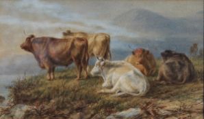 WILLIAM LUKER (1851-1889) "Morning in the mountain", study of a group of five Highland cattle,