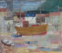 WILLIAM GEORGE GILLIES (1898-1973) "Boat in harbour, town scene in the background", oil on canvas,