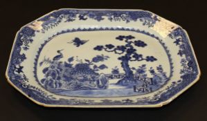 A 19th Century Chinese export platter, painted in underglaze blue with stork in a garden setting and