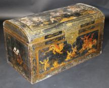 An 18th Century black ground Chinoiserie decorated dome top trunk decorated with dragons and