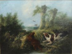 GEORGE ARMFIELD (1810-1893) "Spaniels putting up Mallard from rivers edge", oil on canvas, 46 cm x