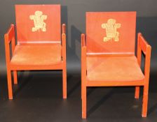 A pair of Investiture chairs, designed by Lord Snowden 1969, red laminated plywood,