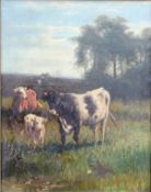 WILLIAM FREDERICK HULK (1852-1906) "Cattle with calves with drover in background", oil on canvas,