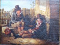 IRISH SCHOOL (R E SPENCER ?) "Resting travellers", oil on panel, unsigned,