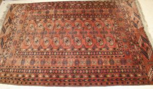 A Bokhara Tekke rug, the centre field with repeating elephant foot medallions in cream, terracotta
