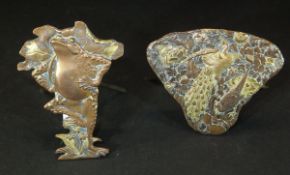 Two Japanese copper, brass and bronze menu holders, one depicting a dancing frog,