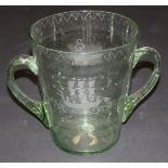 A 19th Century glass twin handled bucket etched with three masted ship and pontil mark to base, 25.