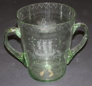 A 19th Century glass twin handled bucket etched with three masted ship and pontil mark to base, 25.