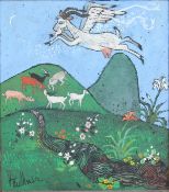 HENRY LAWRENCE FAULKENER (1924-1981) "Flying goat with deer and goats", oil on board, signed lower