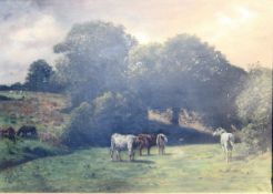 CHARLES HENRY AUGUSTUS LUTYENS (1829-1915) "Horses and cattle in pastures with trees", oil on