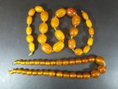 Two amber bead necklaces, approx 89 g total CONDITION REPORTS The oval shaped bead necklace - one