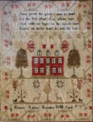 A needlework sampler by Eleanor Raisher featuring religious script, house, trees, animals and a