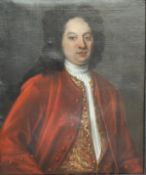 18TH CENTURY ENGLISH SCHOOL "Gentleman in red coat with white stock" and "Lady in gold embellished