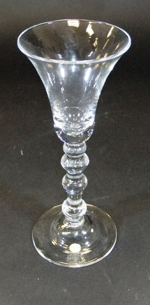 A mid 18th Century wine glass with waisted trumpet shaped bowl, the stem with a top knop, two - Image 2 of 5