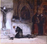 JOHN ANSTER FITZGERALD (1832-1906) "Church interior with grieving figure", watercolour,