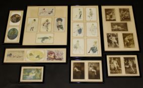 A collection of 26 framed and glazed erotic postcards, some initialled "JR, OB & DM",