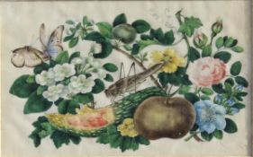 19TH CENTURY CHINESE SCHOOL "Cricket and butterflies amongst fruit and flowers", gouache on rice