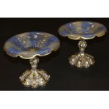 A pair of 19th Century Continental plated and frosted glass comports with gilt line decoration to