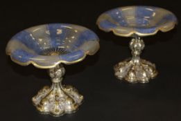 A pair of 19th Century Continental plated and frosted glass comports with gilt line decoration to