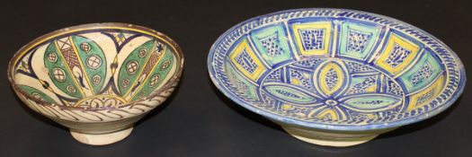 A 19th Century Moroccan faience bowl painted with elliptical and rectangular design in blue,