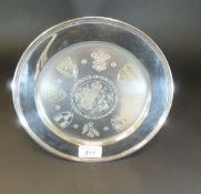 A modern silver dish bearing various Royal armorials including Prince of Wales feathers and