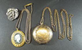 A Victorian gold mounted and seed pearl decorated cameo pendant and chain,