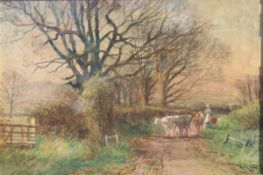 H. C. FOX (1860-1925) "Cows and driver on lane", watercolour, signed lower right, dated 1918, 34.