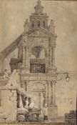 19TH CENTURY ENGLISH SCHOOL IN THE MANNER OF SAMUEL PROUT (1783-1852) "Tower with market stall in