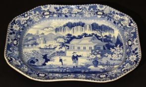 An early 19th Century English blue and white rectangular meat platter with canted corners,