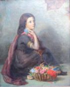 B. ROBERTS "Flower girl seated by wall", oil on canvas, signed and dated 74 lower left, 70 cm x 57