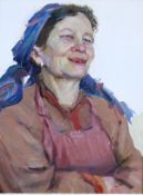 20TH CENTURY RUSSIAN SCHOOL "Portrait of a peasant woman in red tunic and blue headscarf",