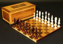 A turned ivory and stained ivory chess set, the pieces turned by A. W. Jones in the early 80's