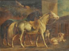 ATTRIBUTED TO CHARLES TOWNE (1763-1842) "Saddled horses in stables", oil on panel, unsigned,